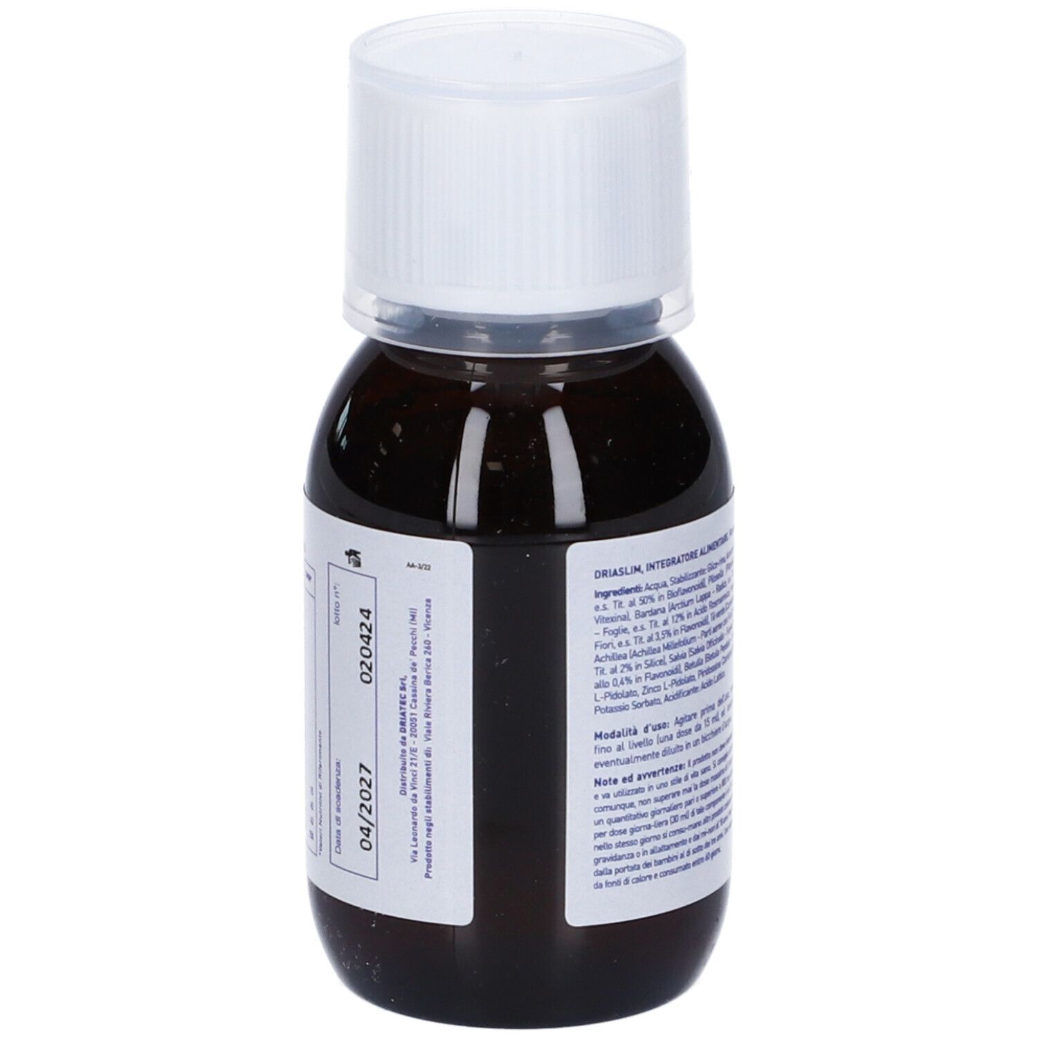 Bottiglia con liquido marrone. Etichetta con testo e data di scadenza. Tappo bianco. Driaslim, Integratore Alimentare.