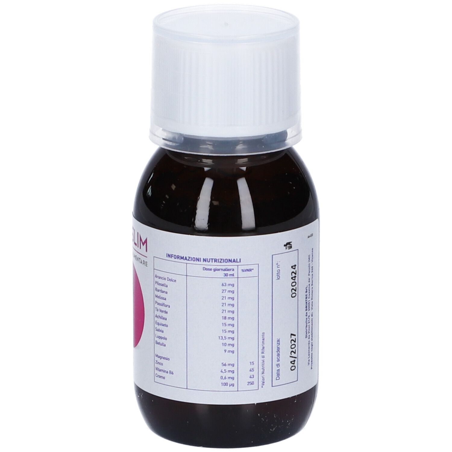 Bottiglia con liquido marrone. Etichetta con informazioni nutrizionali. Tappo bianco. Driaslim, Integratore Alimentare.