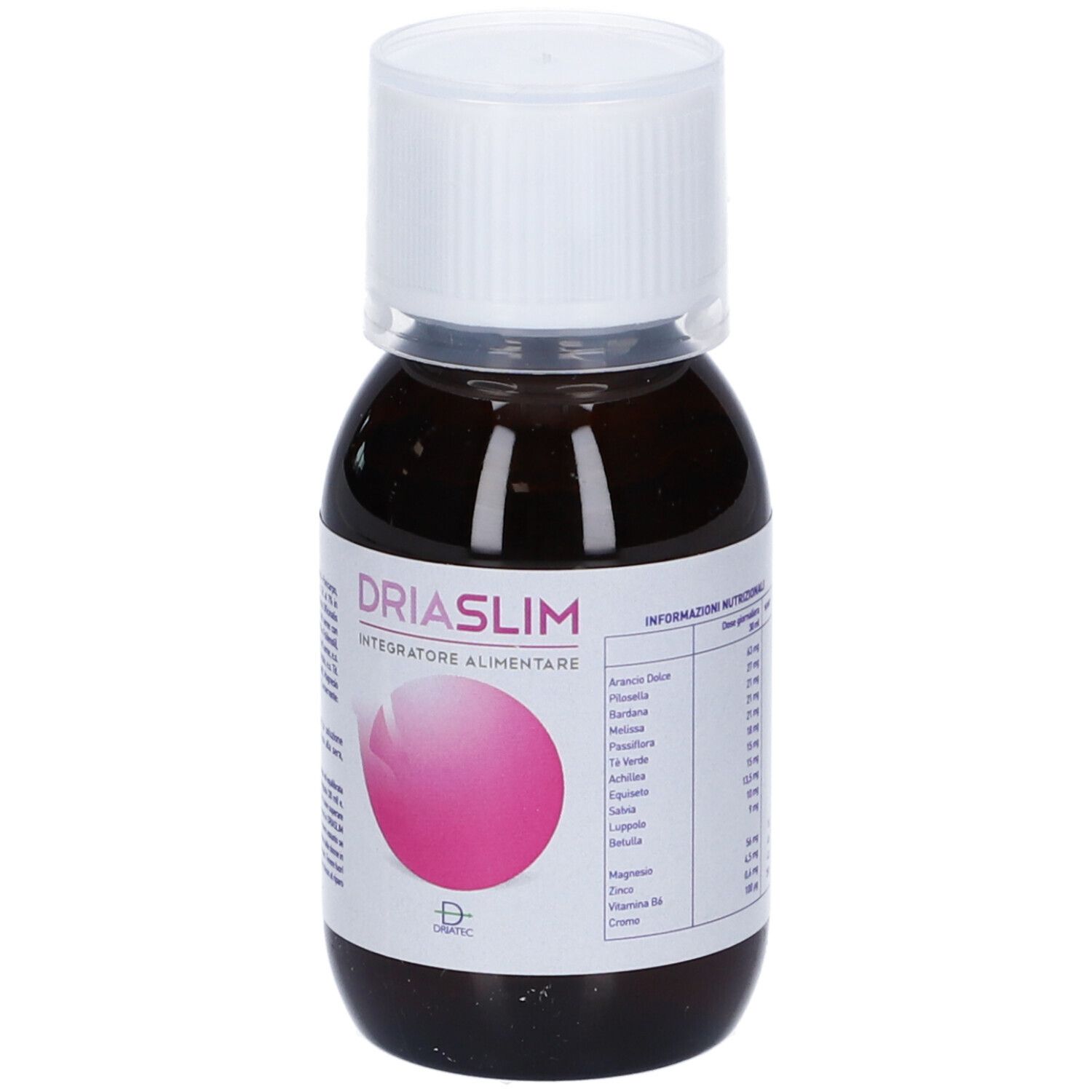 Bottiglia con liquido marrone. Etichetta con logo e testo: Driaslim, Integratore Alimentare. Tappo bianco.