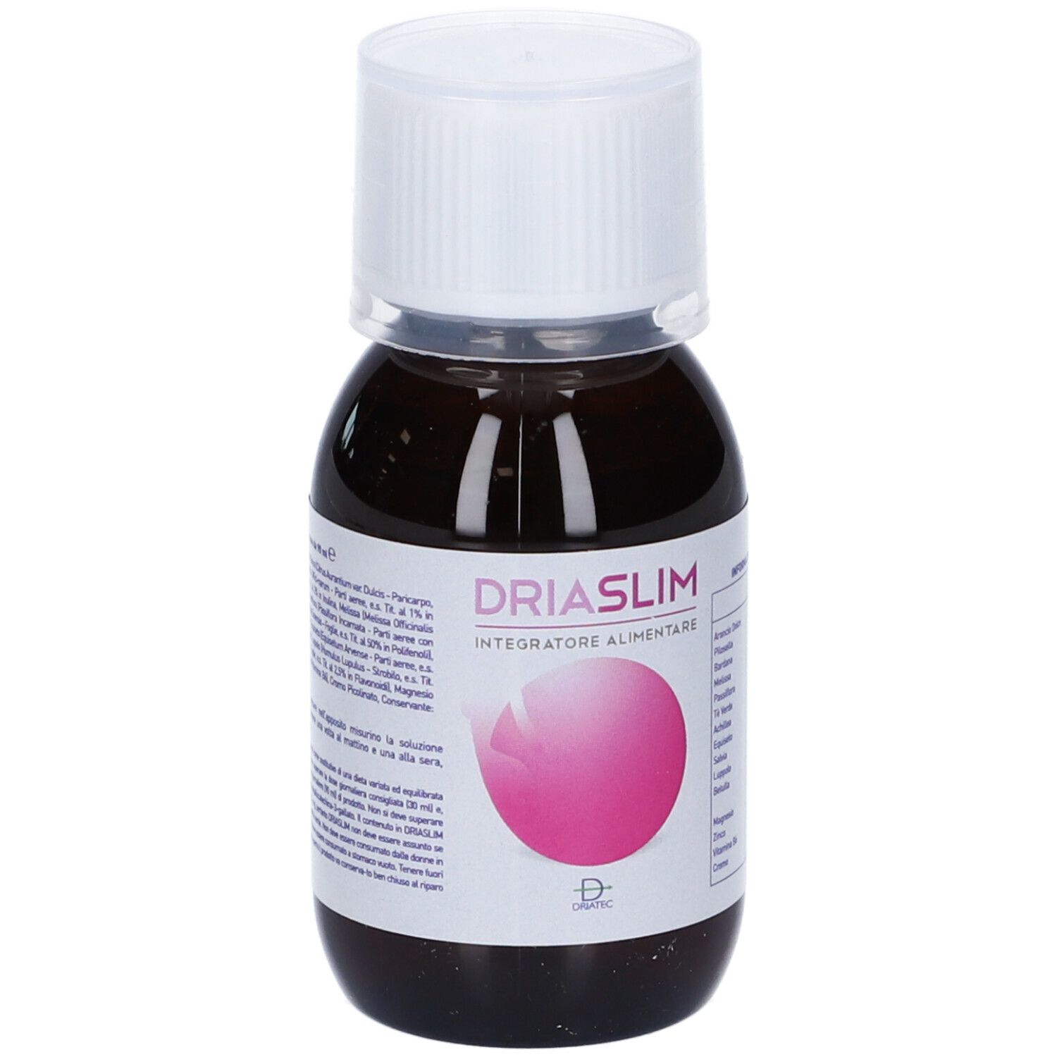 Bottiglia con liquido marrone. Etichetta con testo e logo. Tappo bianco. Driaslim, Integratore Alimentare.