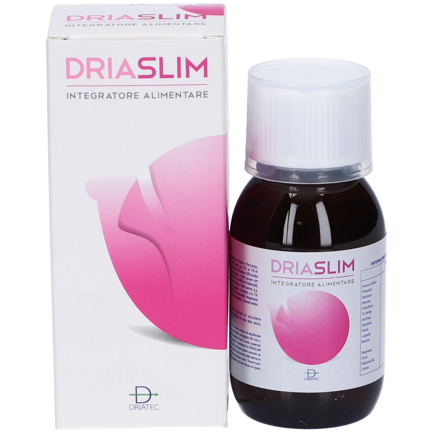 Bottiglia e scatola. Bottiglia con liquido marrone. Scatola con logo e testo: Driaslim, Integratore Alimentare.