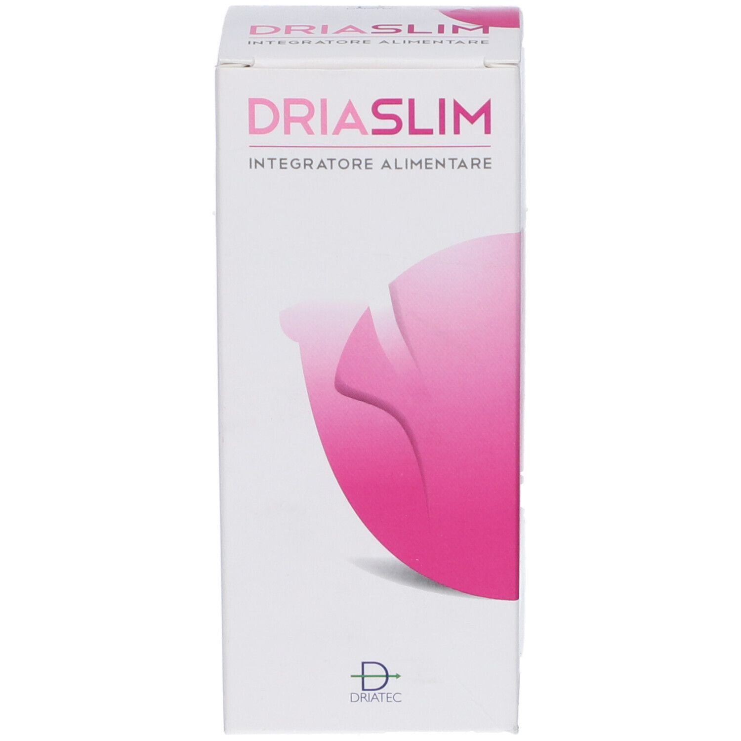 Scatola con logo e testo: Driaslim, Integratore Alimentare. Design rosa. Marchio Driatec.
