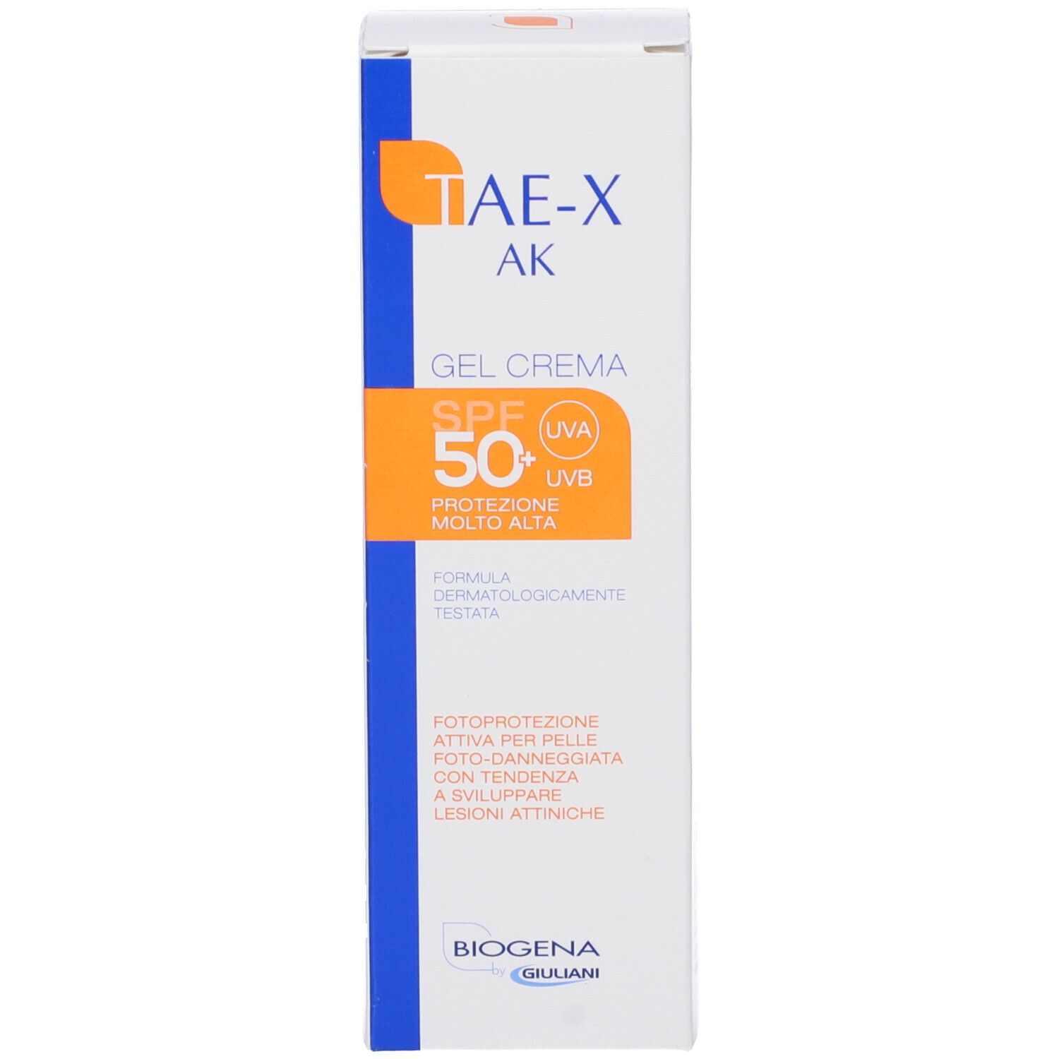Verpackung. TAE-X AK Gel Crema SPF 50+. Orangefarbene und blaue Akzente. BIOGENA Logo.