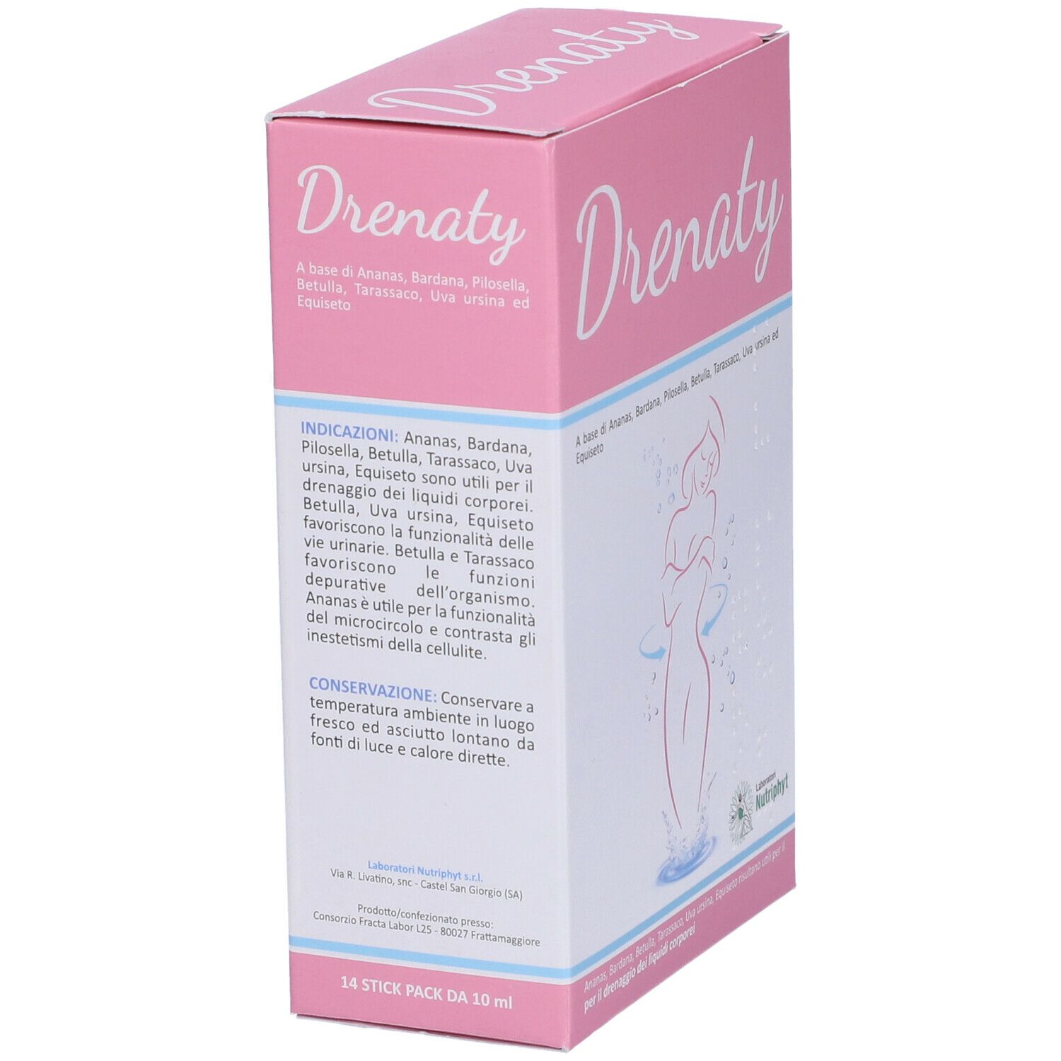 Scatola rosa con scritta "Drenaty". Testo: "A base di Ananas, Bardana, etc.". Scritta: "14 STICK PACK DA 10 ml".