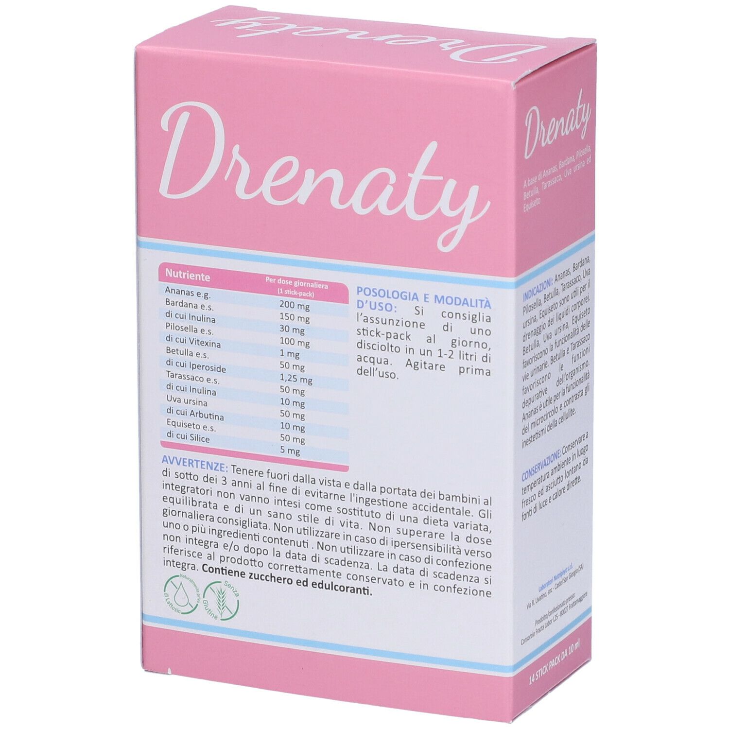 Scatola rosa con scritta "Drenaty". Retro con informazioni nutrizionali e istruzioni per l'uso. Testo in italiano.