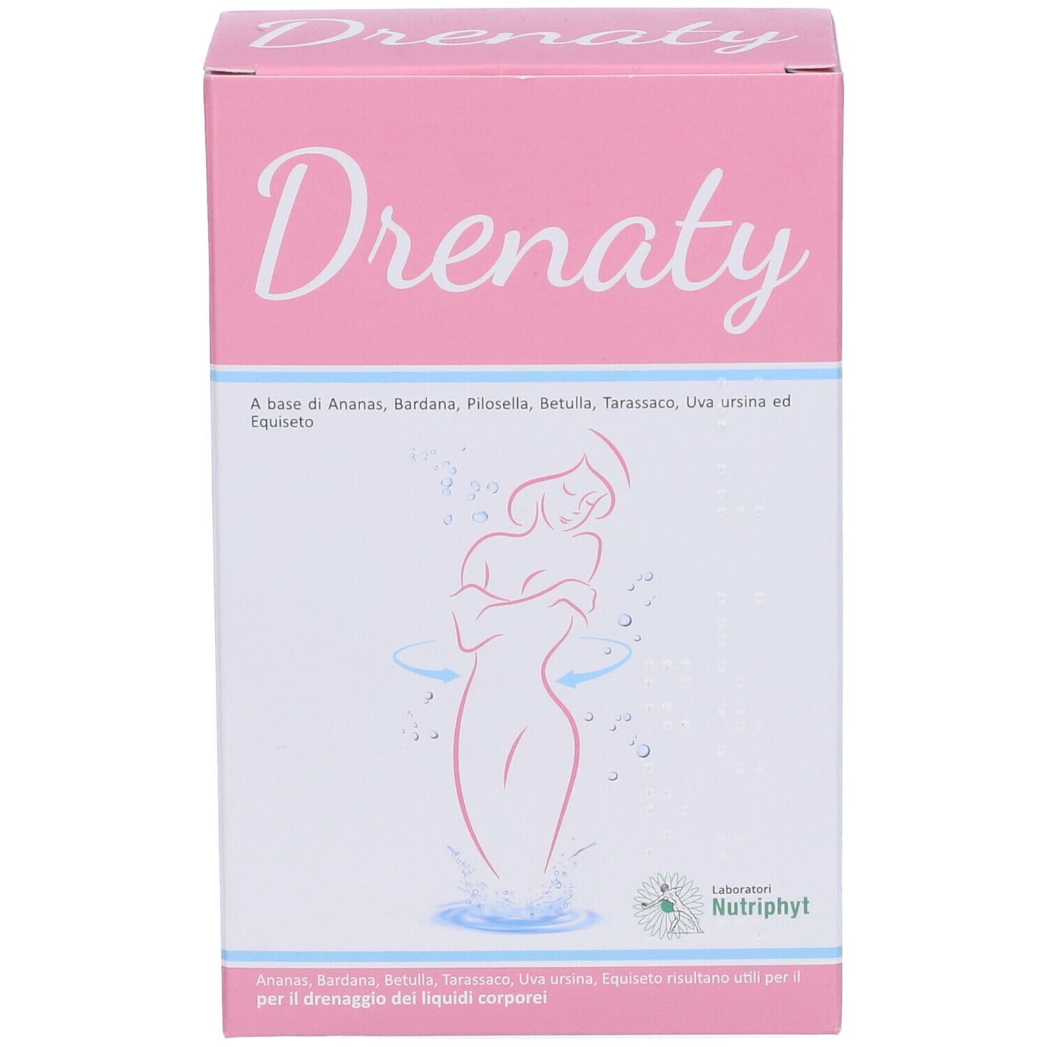 Scatola rosa con scritta "Drenaty". Illustrazione di donna con acqua. Testo: "A base di Ananas, Bardana, etc."