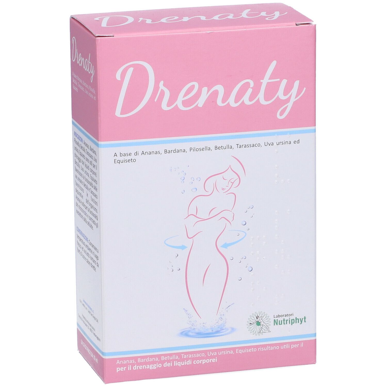 Scatola rosa con scritta "Drenaty". Illustrazione di donna con acqua. Testo: "A base di Ananas, Bardana, etc."