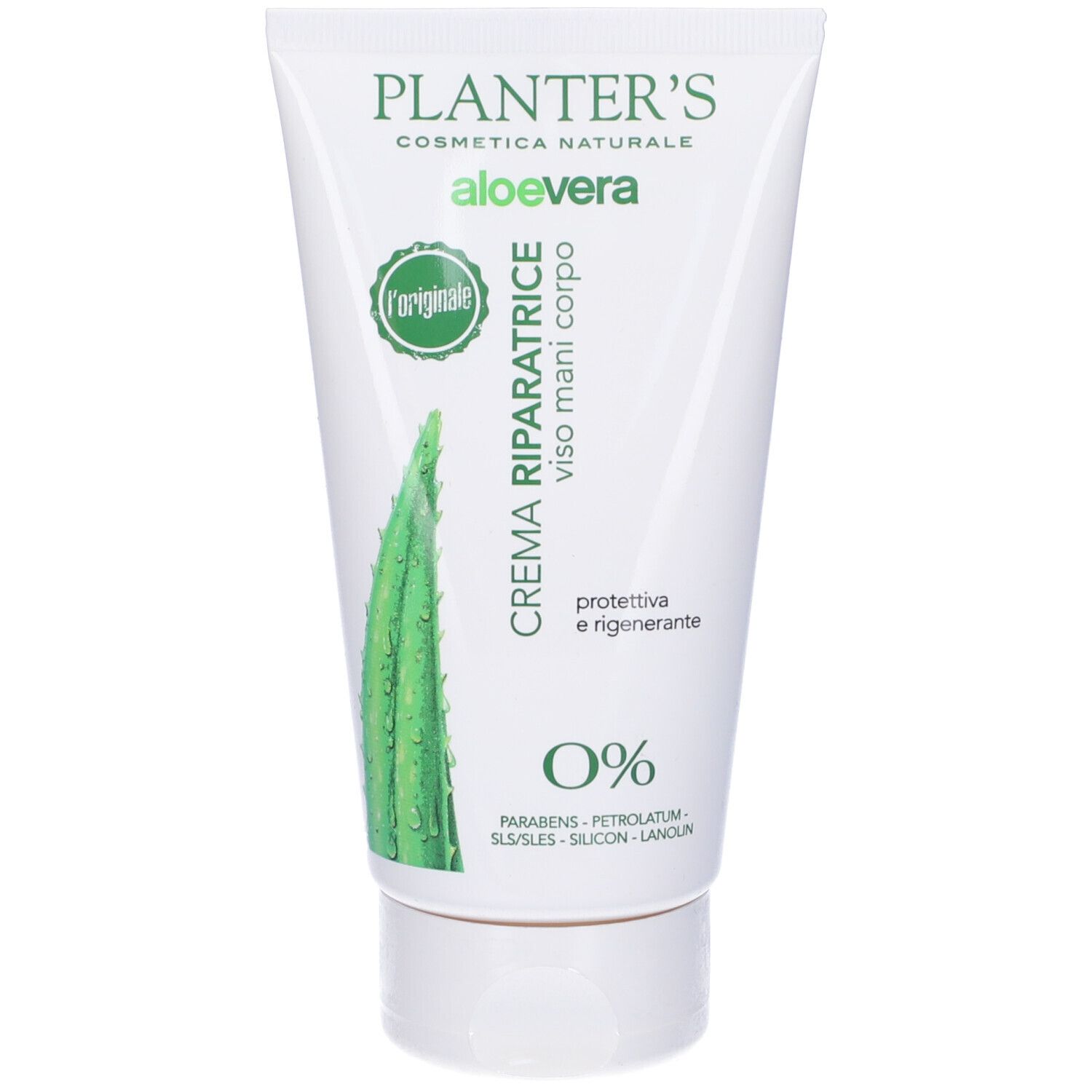 Tubo crema Planter's Aloe Vera. Scritta: Crema Riparatrice, 0%. Design verde e bianco con immagine di aloe vera.