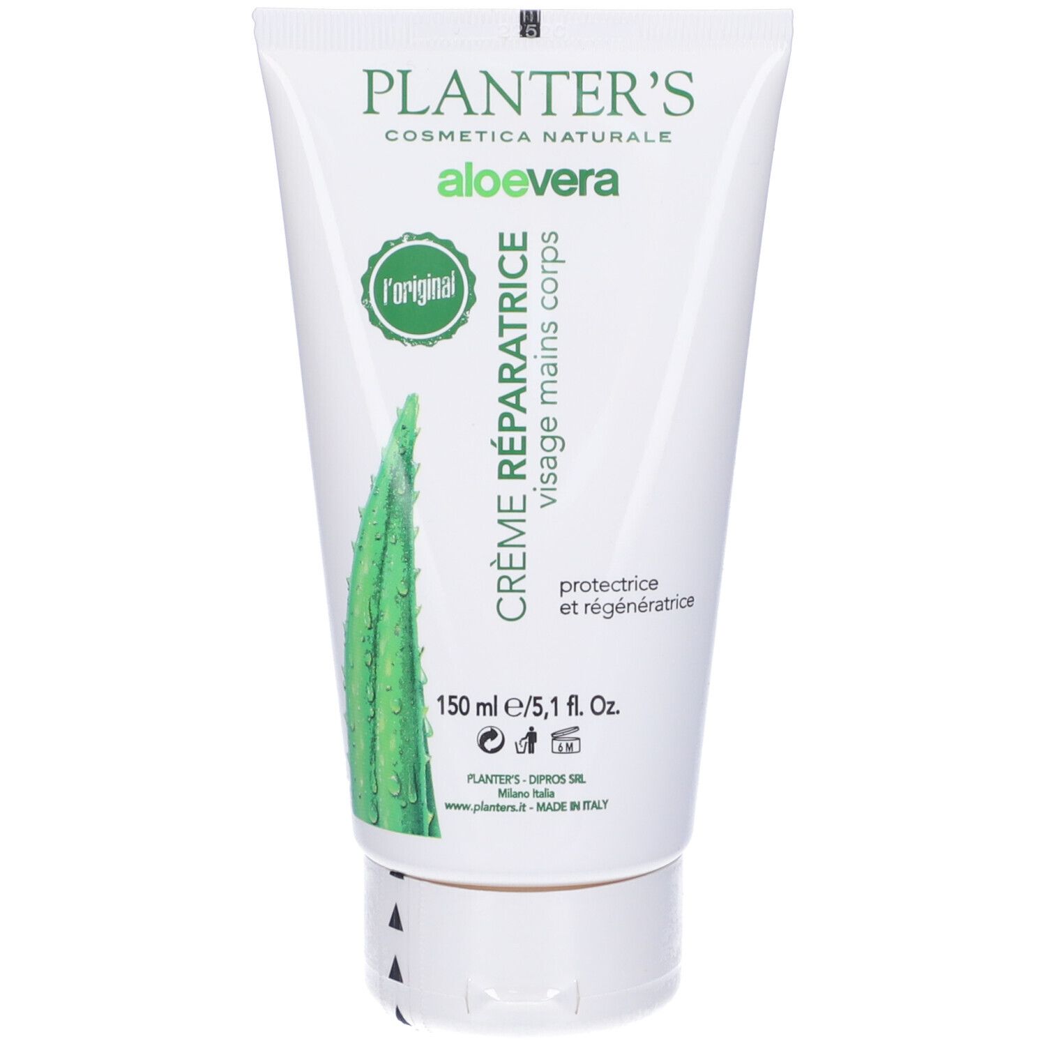 Tubo crema Planter's Aloe Vera. Scritta: Crème Riparatrice, 150 ml/5,1 fl. oz. Design verde e bianco con immagine di aloe vera.