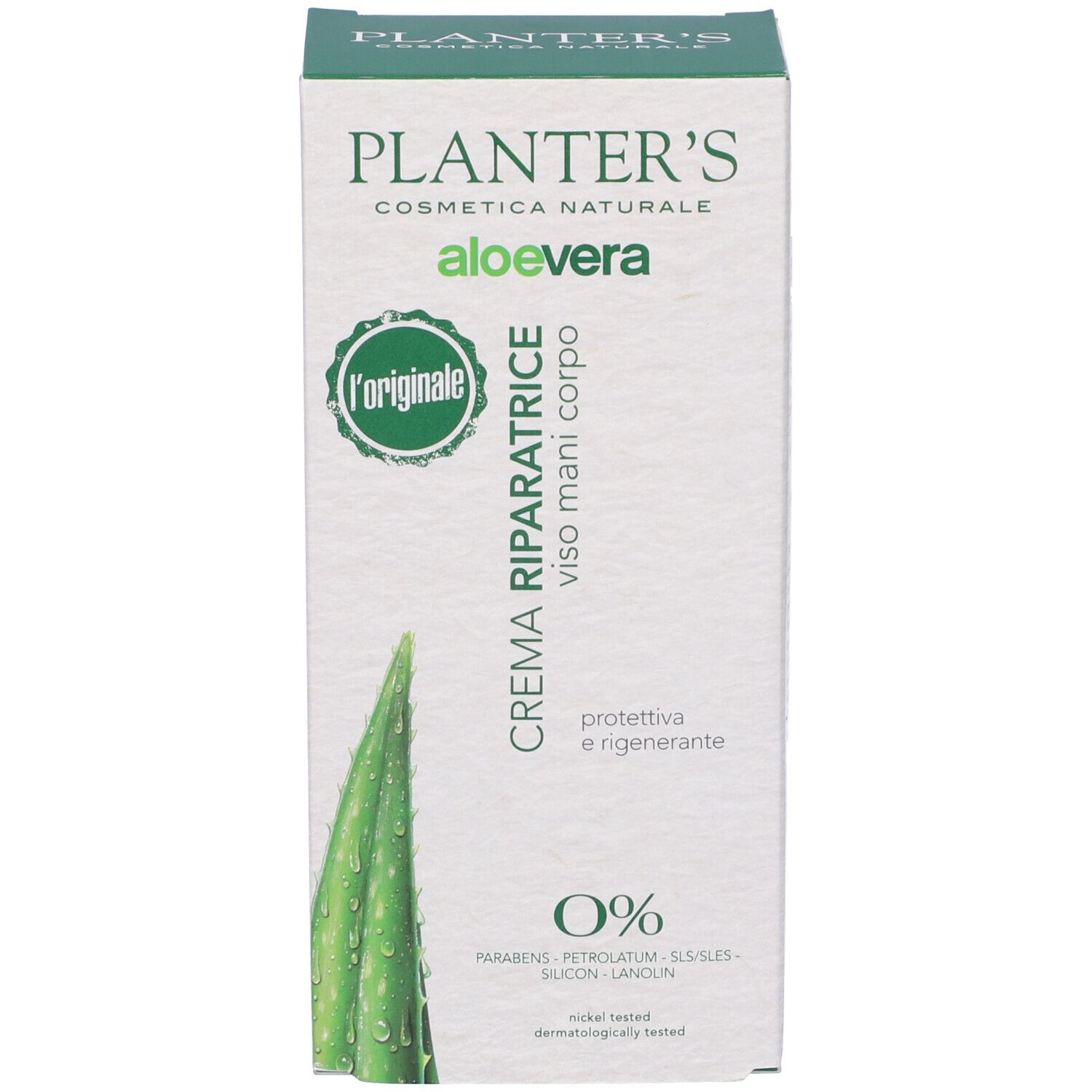 Scatola Planter's Aloe Vera Crema. Scritta: Crème Riparatrice, 0%. Design verde e bianco con immagine di aloe vera.