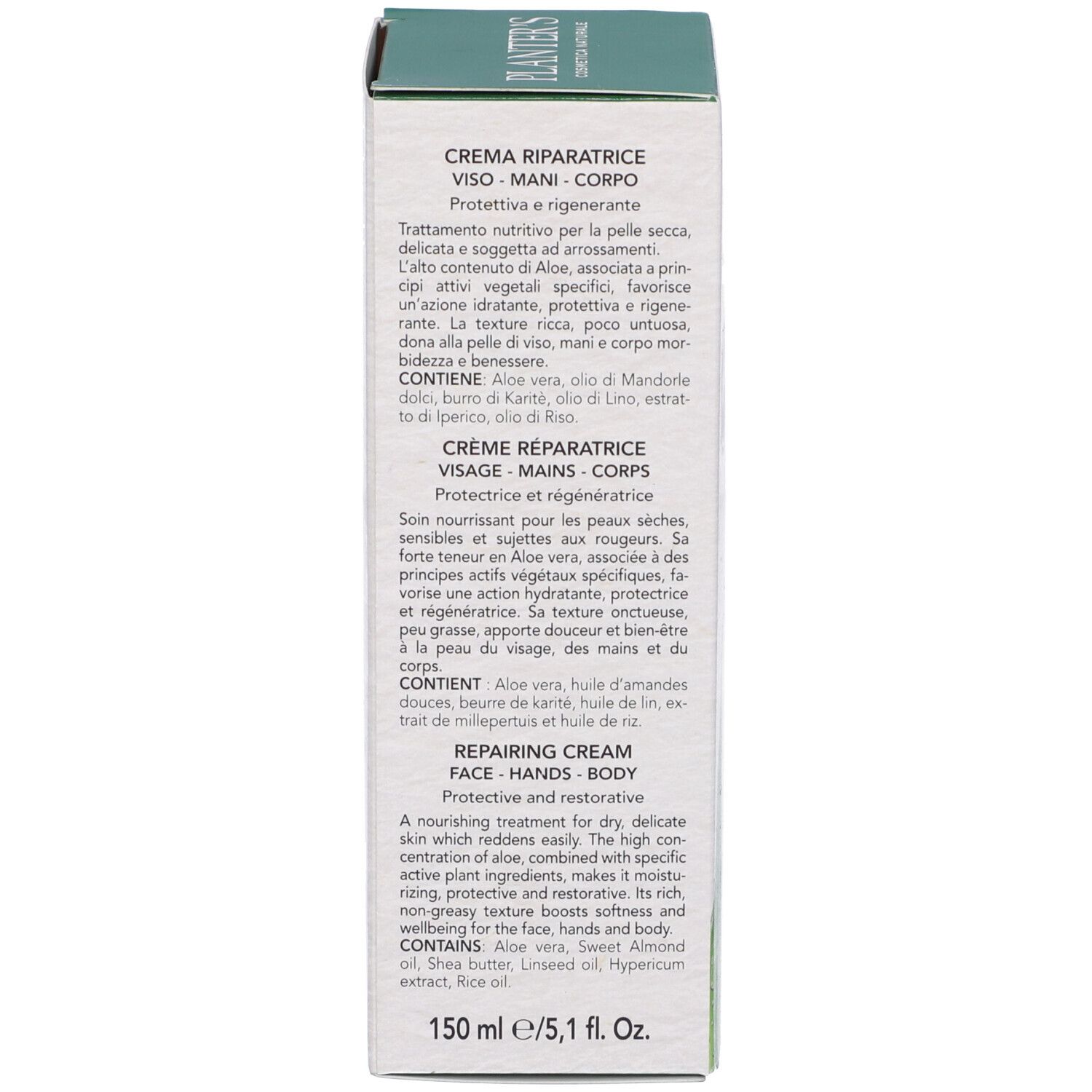 Scatola con testo. Scritta: Planter's, Crème Riparatrice, 150 ml/5,1 fl. oz. Descrizione prodotto in tedesco, francese e inglese.