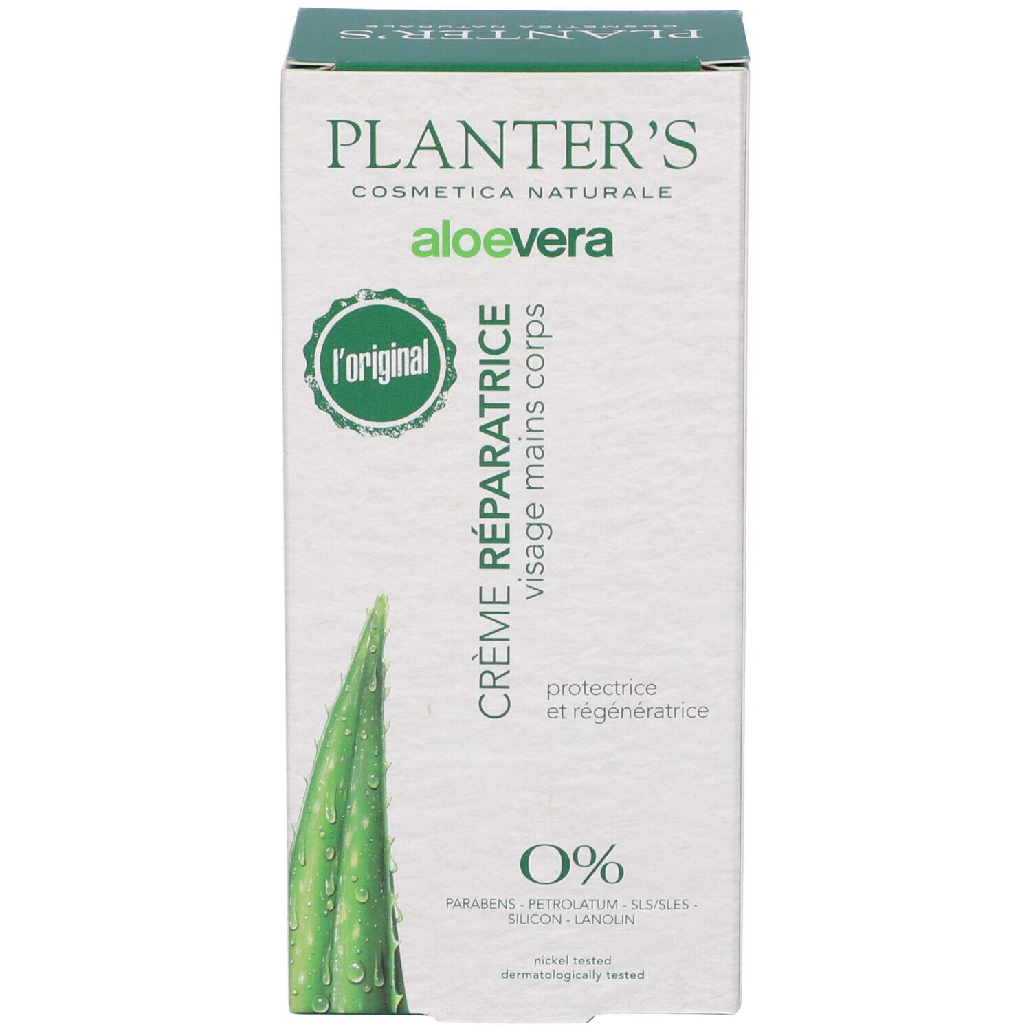 Scatola Planter's Aloe Vera Crema. Scritta: Crème Riparatrice, 0%. Design verde e bianco con immagine di aloe vera.