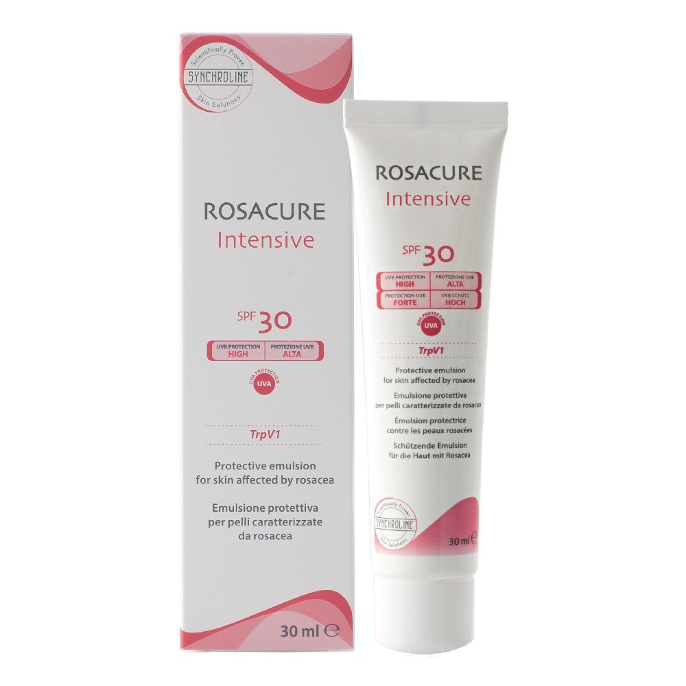 Tubo e scatola bianchi con nome del prodotto e SPF 30. Accenti rosa. Testo: Protective emulsion.