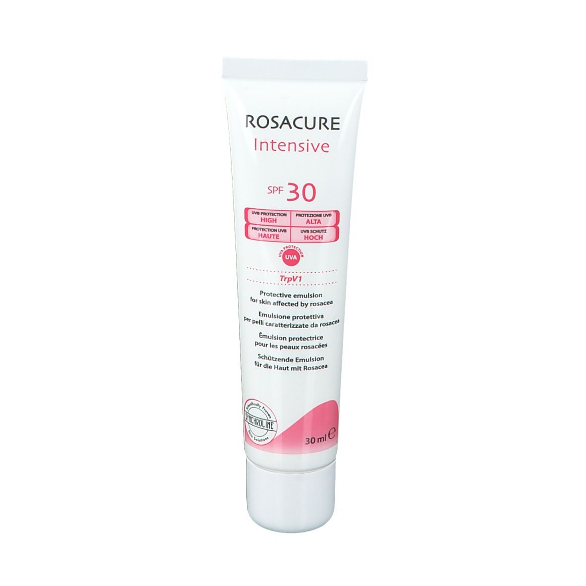 Tubo bianco con nome del prodotto e SPF 30. Accenti rosa. Testo: Protective emulsion for skin affected by rosacea.