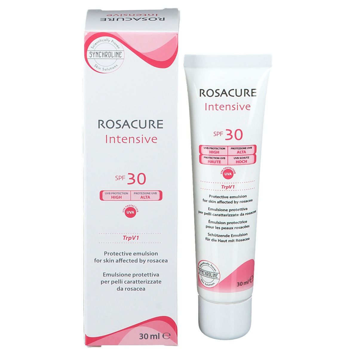 Tubo e scatola bianchi con nome del prodotto e SPF 30. Accenti rosa. Testo: Protective emulsion for skin affected by rosacea.