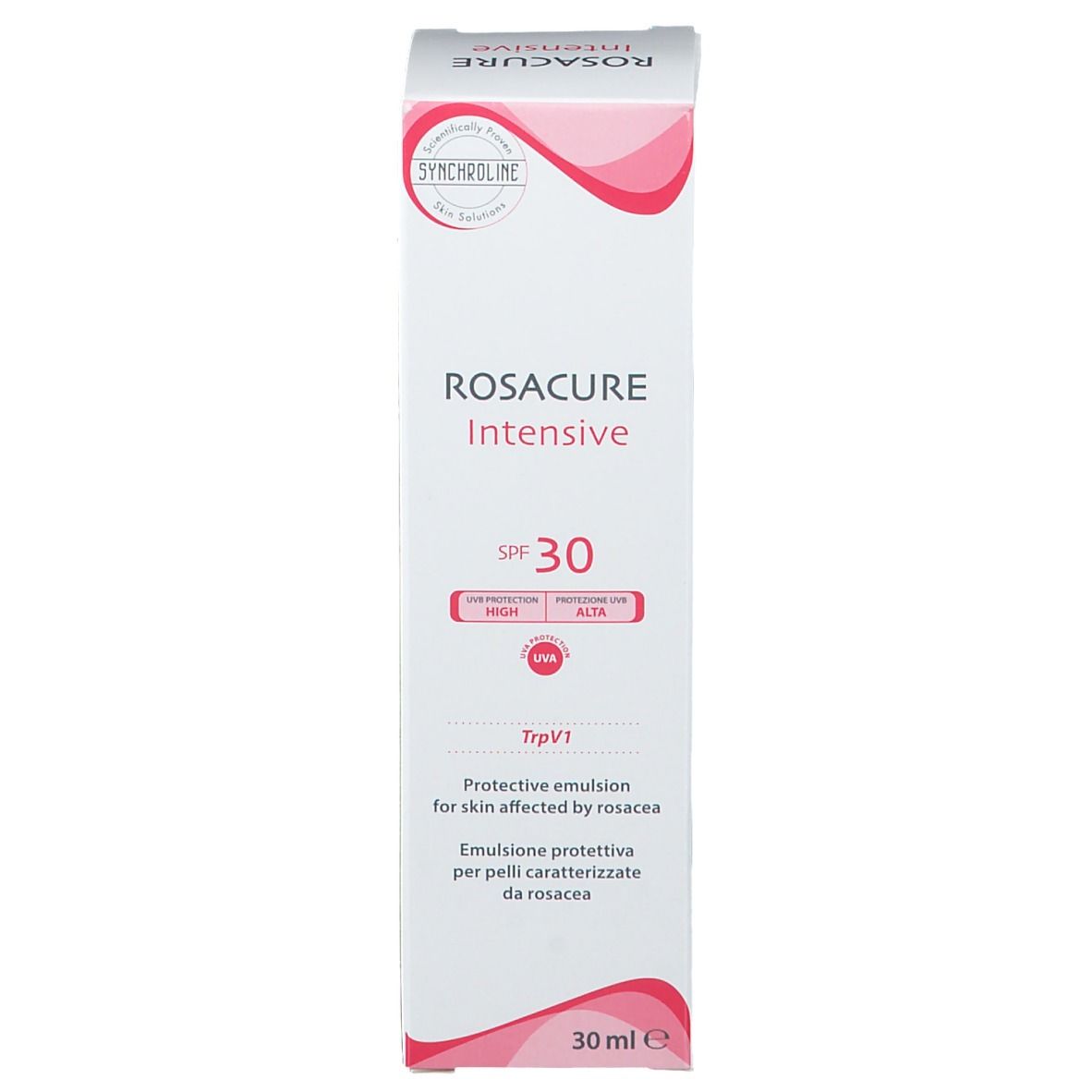 Scatola alta e bianca con nome del prodotto e SPF 30. Accenti rosa. Testo: Protective emulsion for skin affected by rosacea.