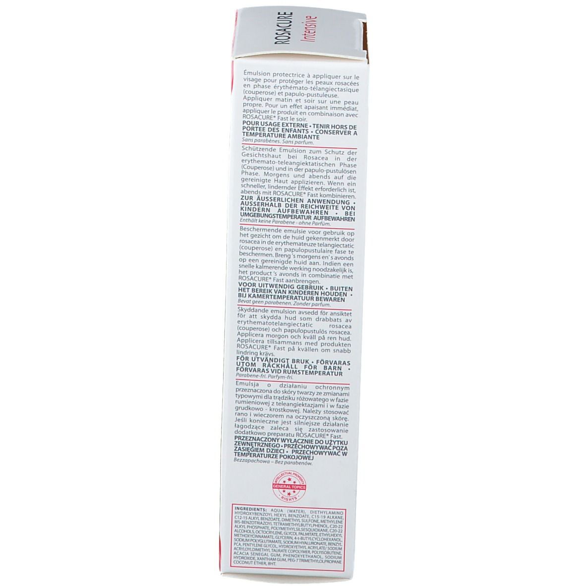 Retro della scatola alta e bianca con testo. Contiene informazioni sugli ingredienti e l'uso.