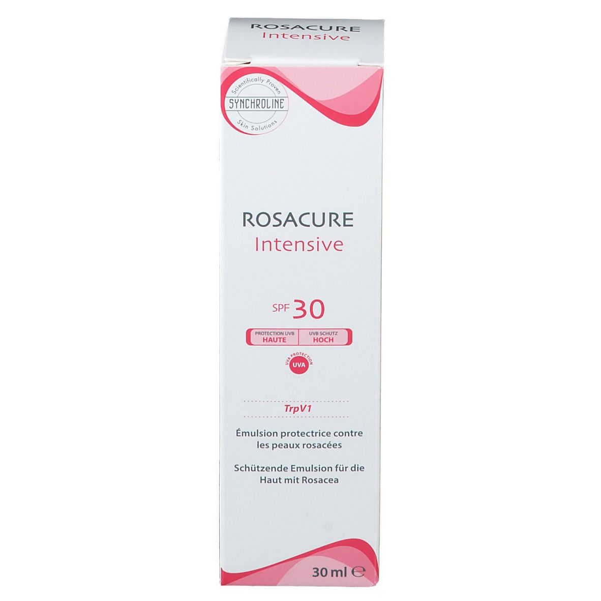 Scatola alta e bianca con nome del prodotto e SPF 30. Accenti rosa. Testo: Protective emulsion for skin affected by rosacea.
