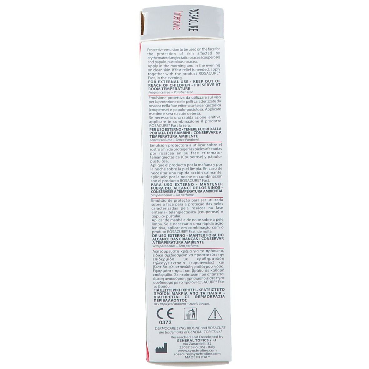 Retro della scatola alta e bianca con testo. Contiene informazioni sugli ingredienti e l'uso. Marchio CE.
