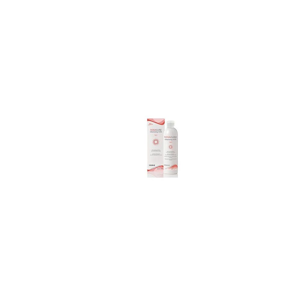 Confezione e flacone. Scritta: Rosacure Cleansing Milk Detergente. Flacone su sfondo bianco, testo rosso.