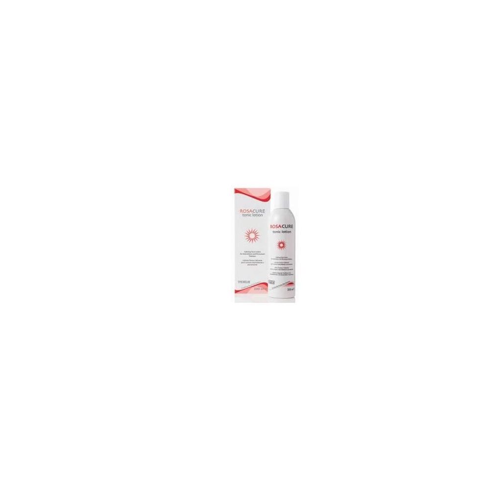Bottiglia e confezione bianche. Scritta: Rosacure Tonic Lotion. Con grafica rossa. Bottiglia accanto alla confezione.