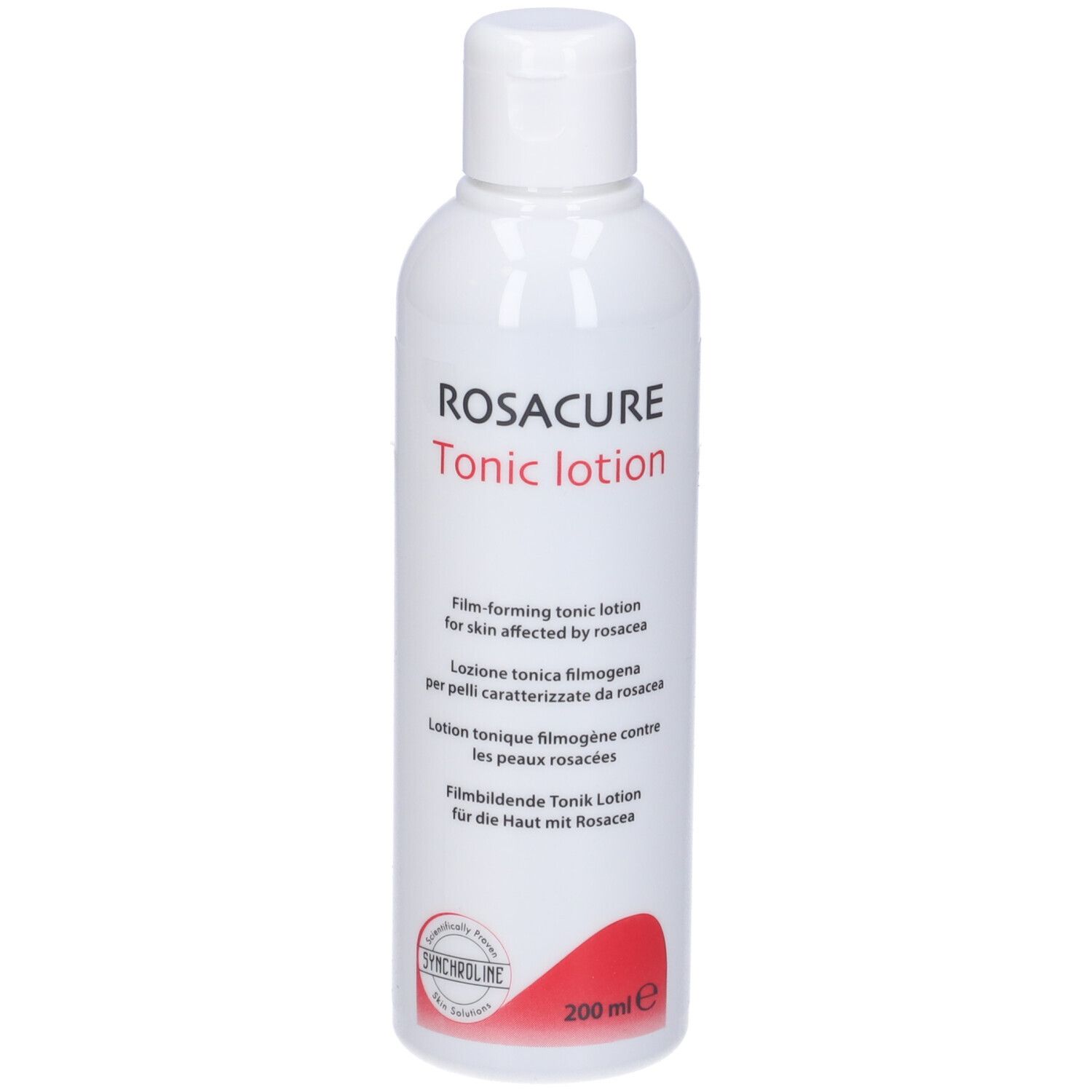 Bottiglia bianca con tappo a ribalta. Scritta: Rosacure Tonic Lotion. Testo in più lingue. Cerchio rosso in basso.
