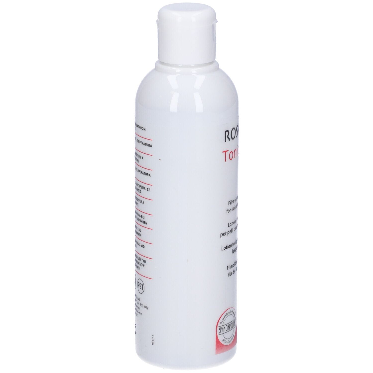 Bottiglia bianca con tappo a ribalta. Scritta: Rosacure Tonic Lotion. Testo in più lingue. Cerchio rosso in basso.