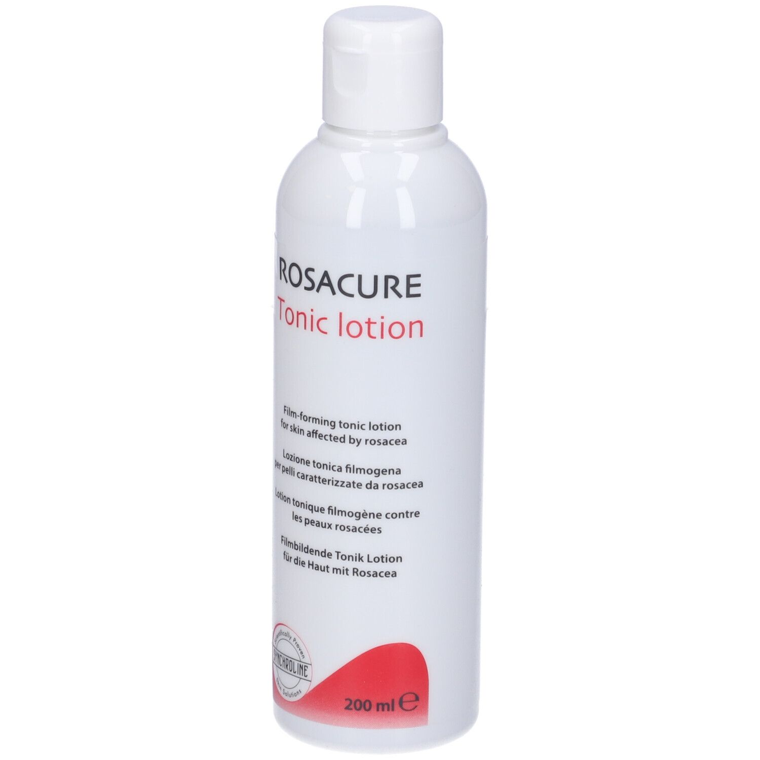 Bottiglia bianca con tappo a ribalta. Scritta: Rosacure Tonic Lotion. Testo in più lingue. Cerchio rosso in basso.
