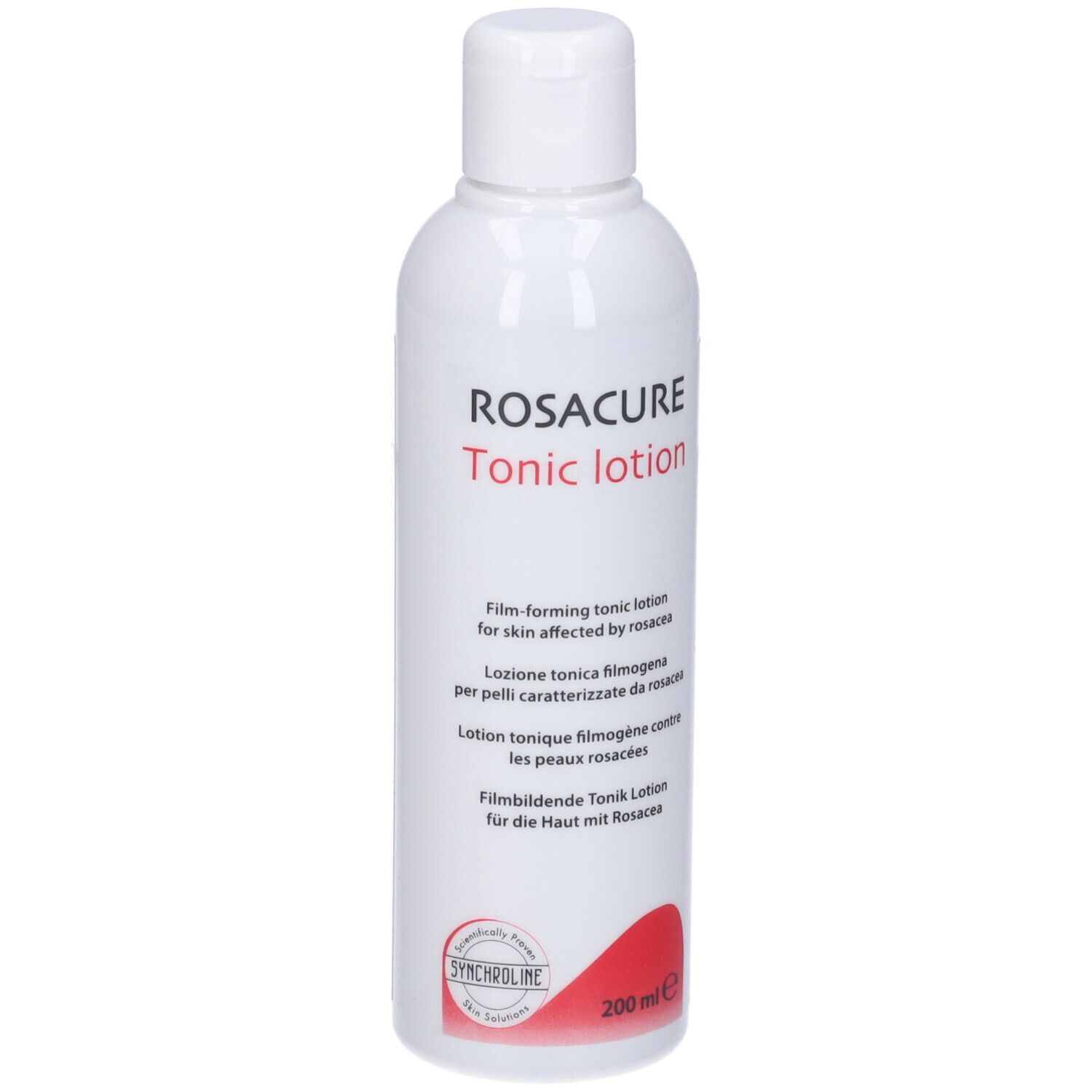 Bottiglia bianca con tappo a ribalta. Scritta: Rosacure Tonic Lotion. Testo in più lingue. Cerchio rosso in basso.