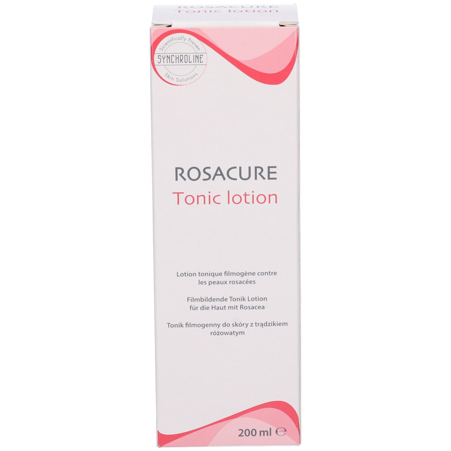 Confezione bianca. Scritta: Rosacure Tonic Lotion. Testo in più lingue. Cerchio rosso in basso.
