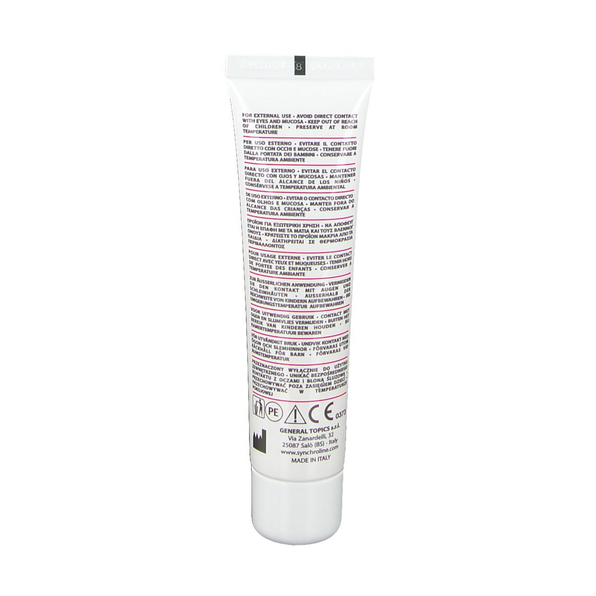 Retro di un tubo di crema-gel bianco con testo multilingue. Contiene informazioni e loghi.