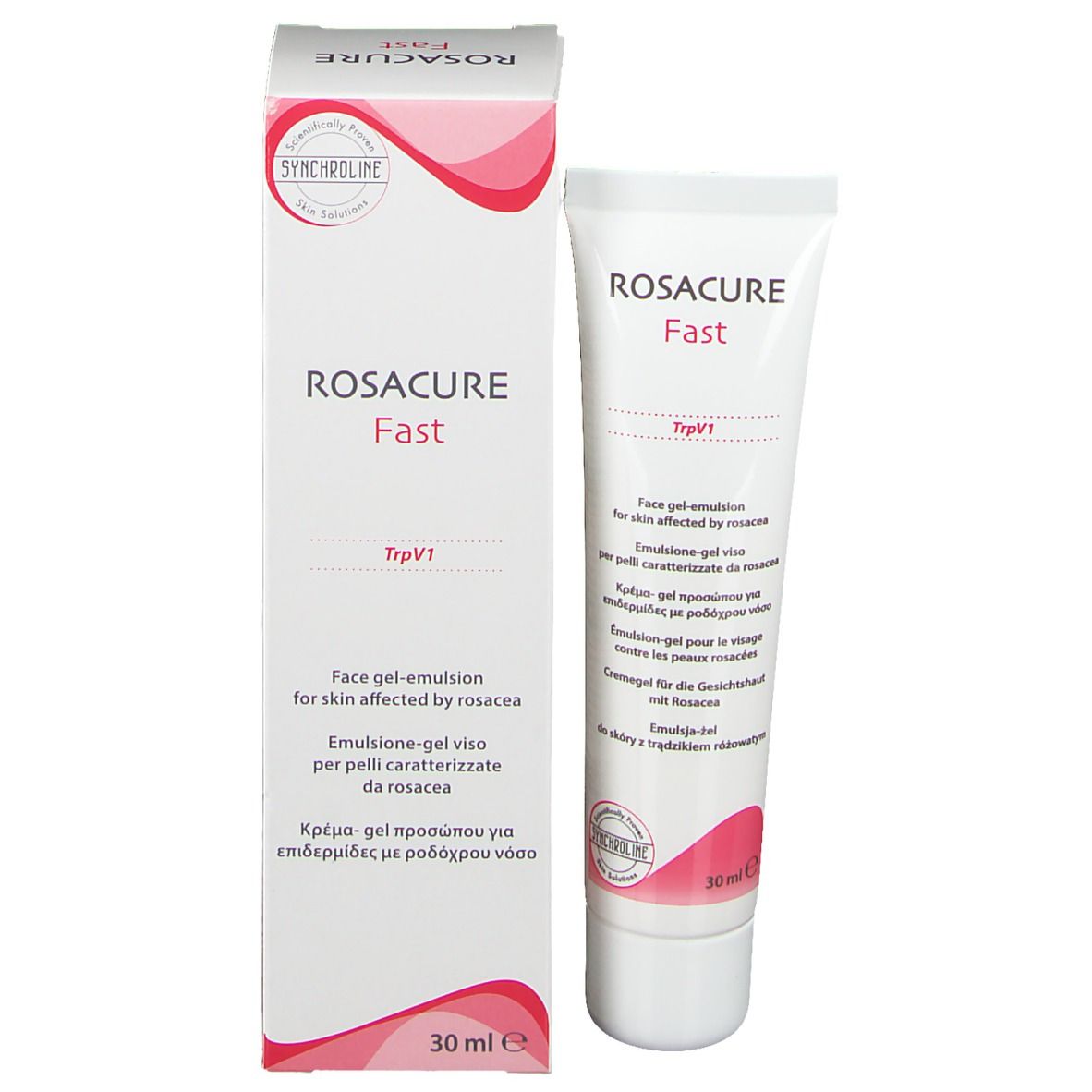 Tubo di crema-gel bianco e scatola con dettagli rosa e testo multilingue. Contiene 30 ml.