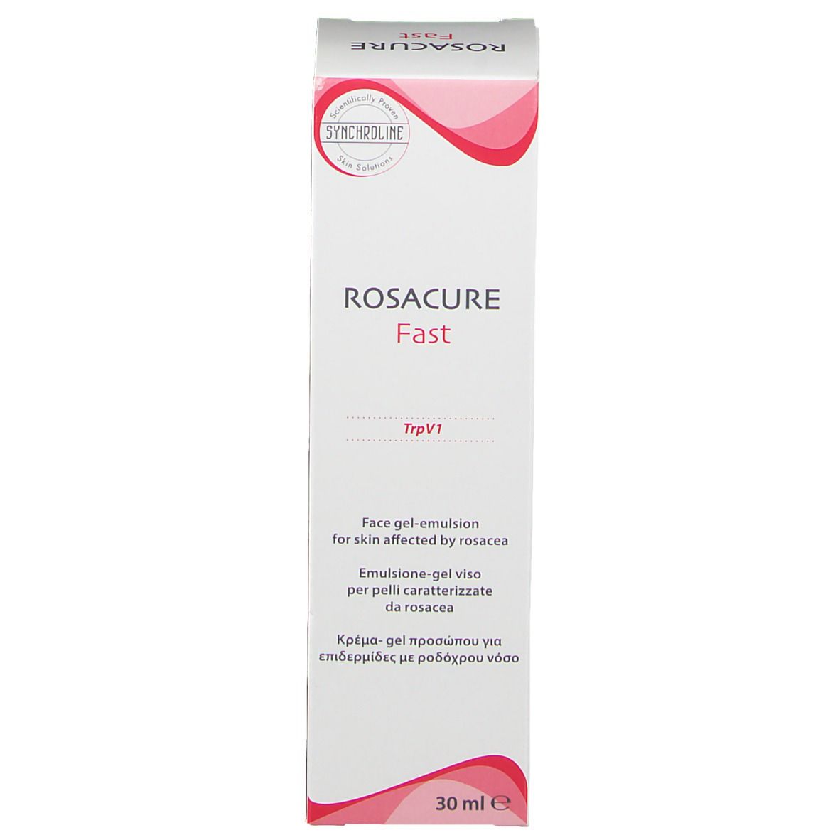 Scatola bianca con dettagli rosa e testo multilingue. Contiene 30 ml.