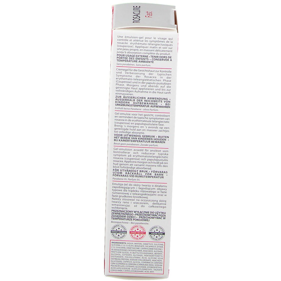 Lato di una scatola bianca con testo multilingue. Contiene informazioni e loghi.