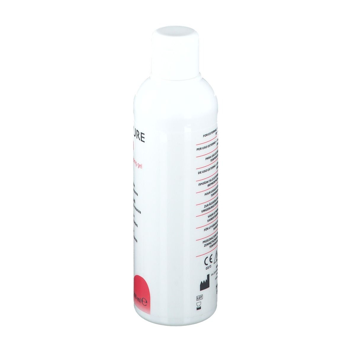 Rosacure Gel, Rückseite der 200ml Flasche mit Anwendungshinweisen.