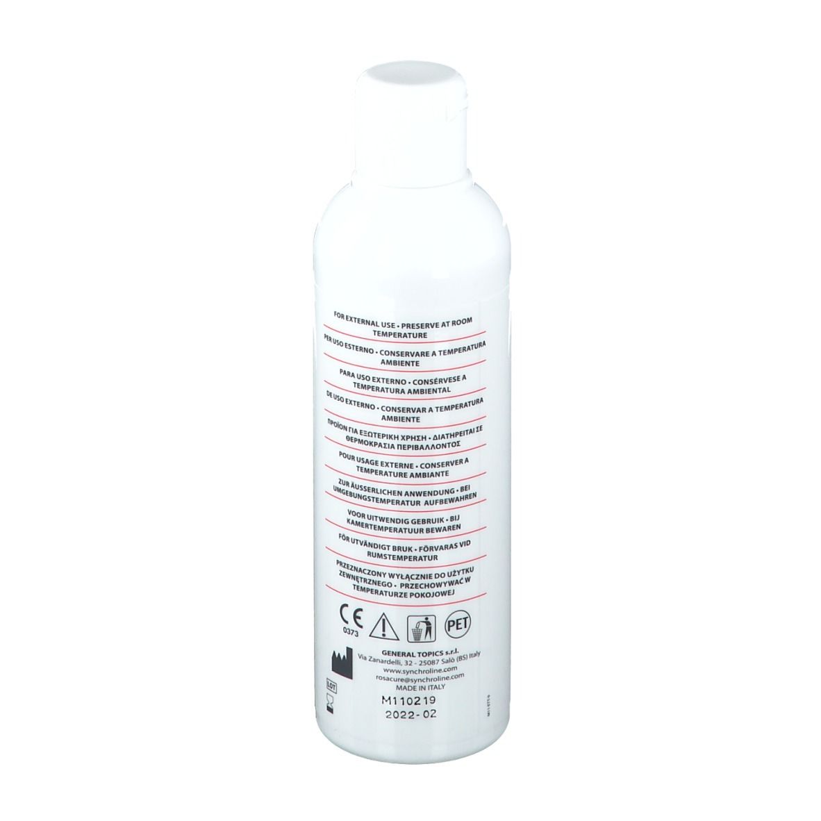 Weiße Flasche mit weißem Verschluss, 200 ml. Beschriftung auf Deutsch, Englisch, Französisch, Italienisch und Niederländisch.