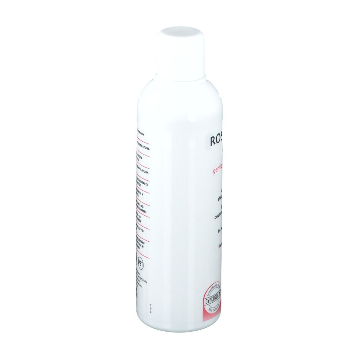 Weiße Flasche mit weißem Verschluss, 200 ml. Beschriftung auf Deutsch, Englisch, Französisch, Italienisch und Niederländisch.