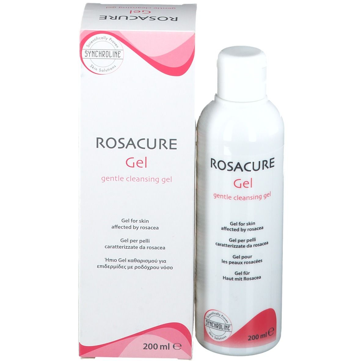 Rosacure Gentle Cleansing Gel, 200ml. Flasche und Faltschachtel mit Produktinformationen.