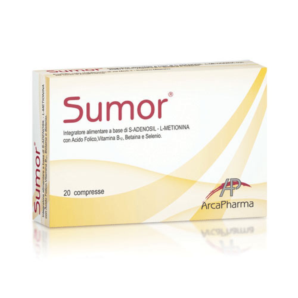 Boîte de Sumor® avec 20 comprimés. Inscription: Integratore alimentare, S-ADENOSIL-L-METIONINA, Acido Folico, Vitamina B12, Betaina, Selenio.