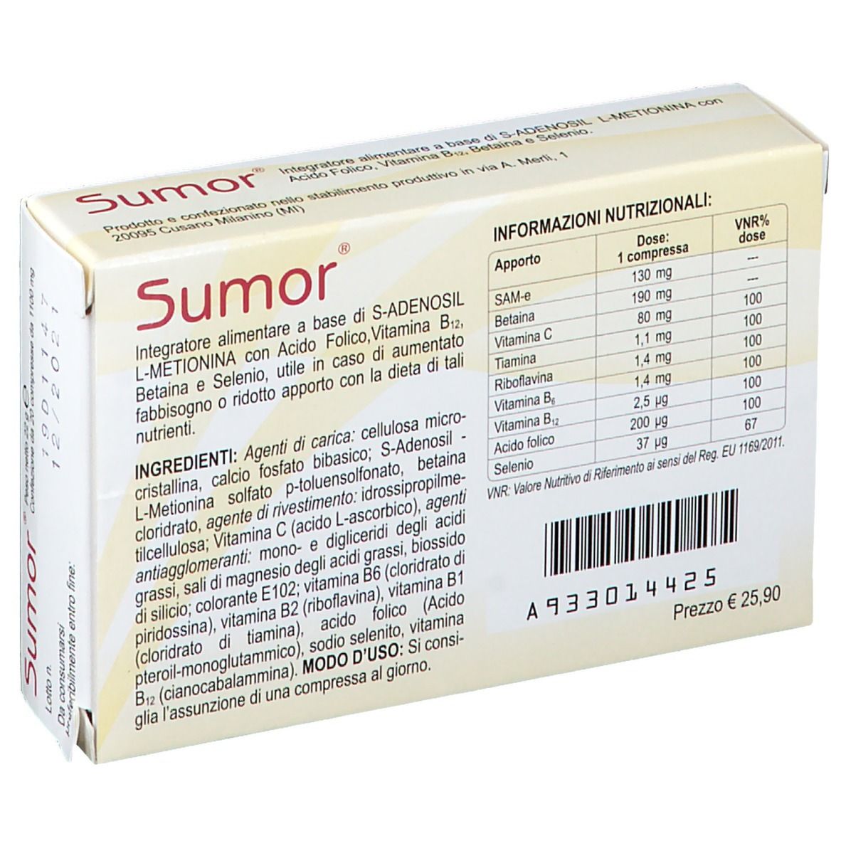 Boîte de Sumor® avec 20 comprimés. Inscription: Integratore alimentare, S-ADENOSIL-L-METIONINA, Acido Folico, Vitamina B12, Betaina, Selenio.