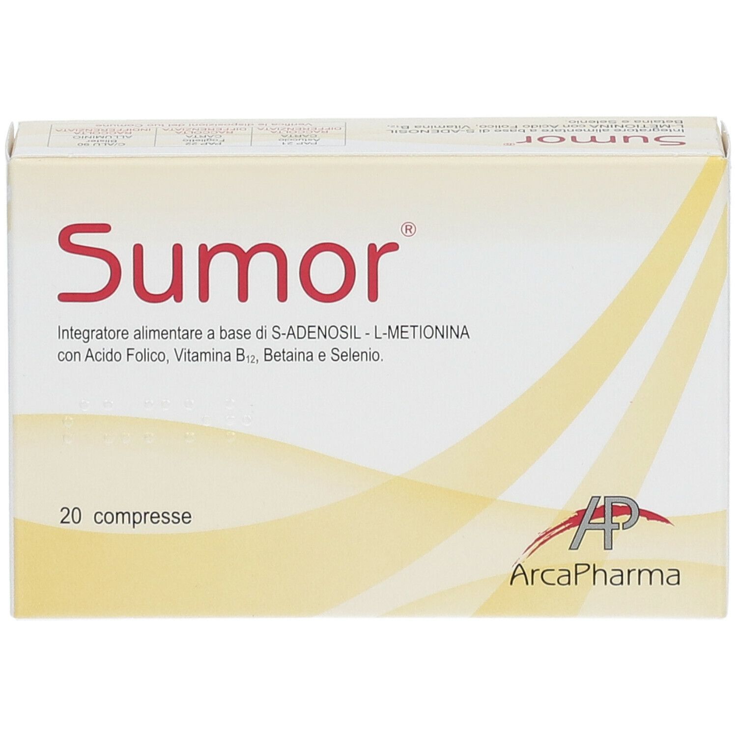 Boîte de Sumor® avec 20 comprimés. Inscription: Integratore alimentare, S-ADENOSIL-L-METIONINA, Acido Folico, Vitamina B12, Betaina, Selenio.