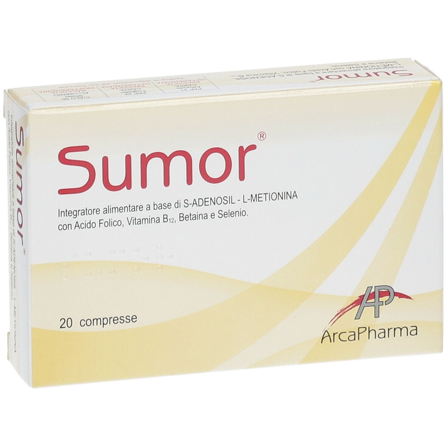 Boîte de Sumor® avec 20 comprimés. Inscription: Integratore alimentare, S-ADENOSIL-L-METIONINA, Acido Folico, Vitamina B12, Betaina, Selenio.