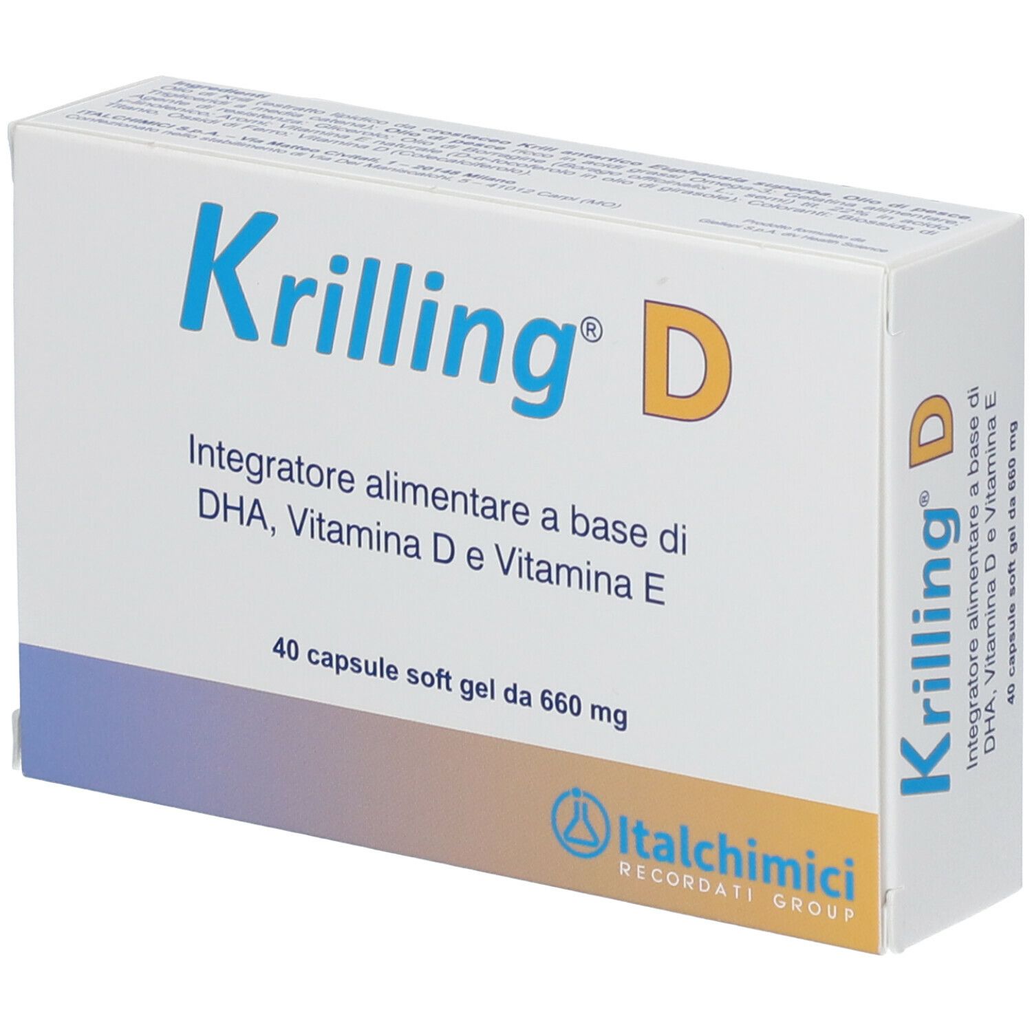 Scatola di KRILLING® D. Contiene DHA, Vitamina D e Vitamina E. 40 capsule.