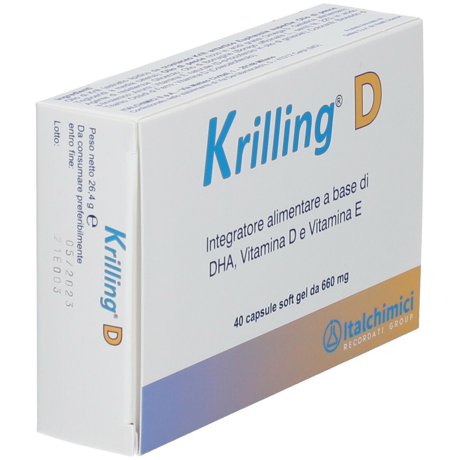 Scatola KRILLING® D, vista laterale. Contiene DHA, Vitamina D e Vitamina E. 40 capsule. Marchio Italmichimi.