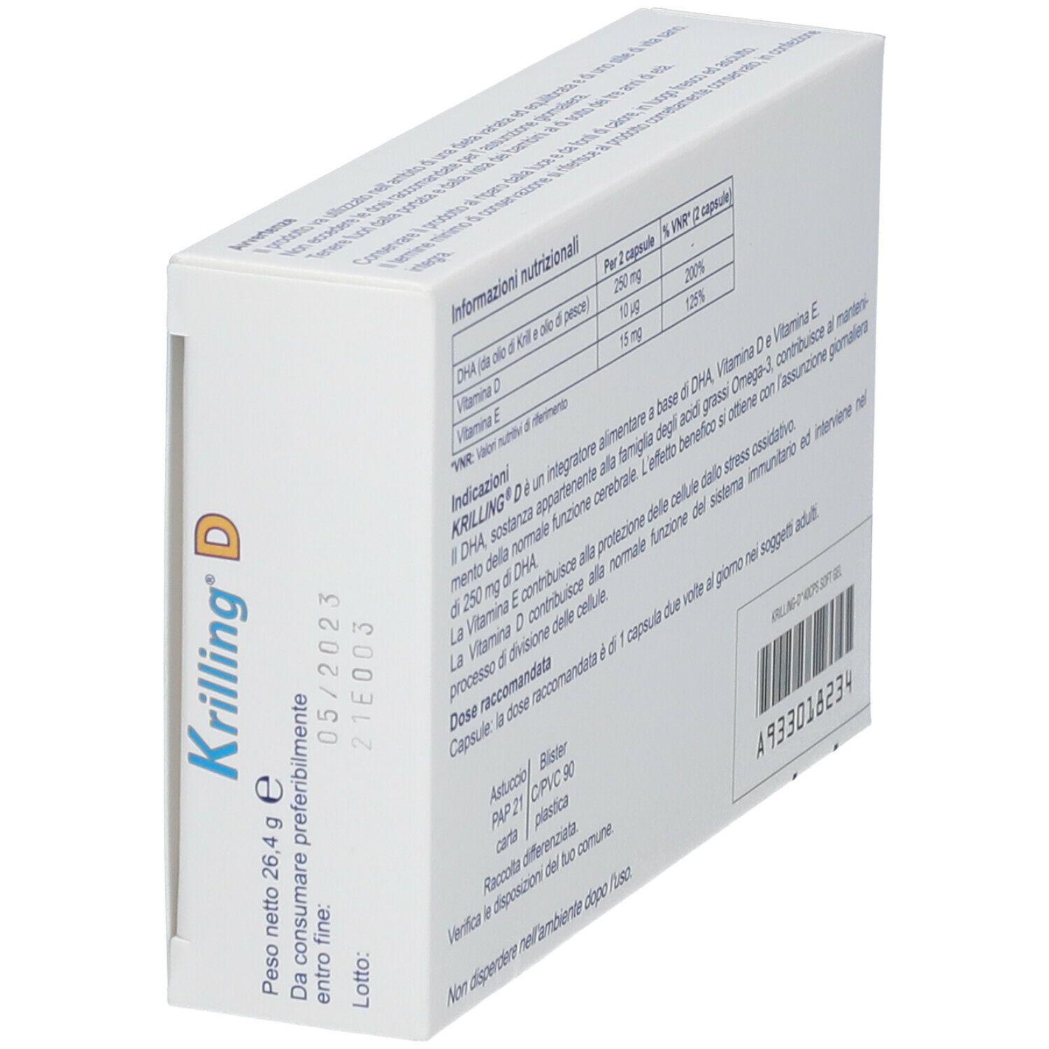 Scatola KRILLING® D, vista posteriore. Contiene informazioni nutrizionali e ingredienti. Marchio Italmichimi.