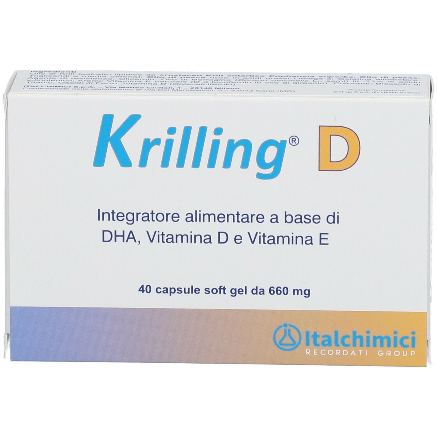 Scatola di KRILLING® D. Contiene DHA, Vitamina D e Vitamina E. 40 capsule. Marchio Italmichimi.