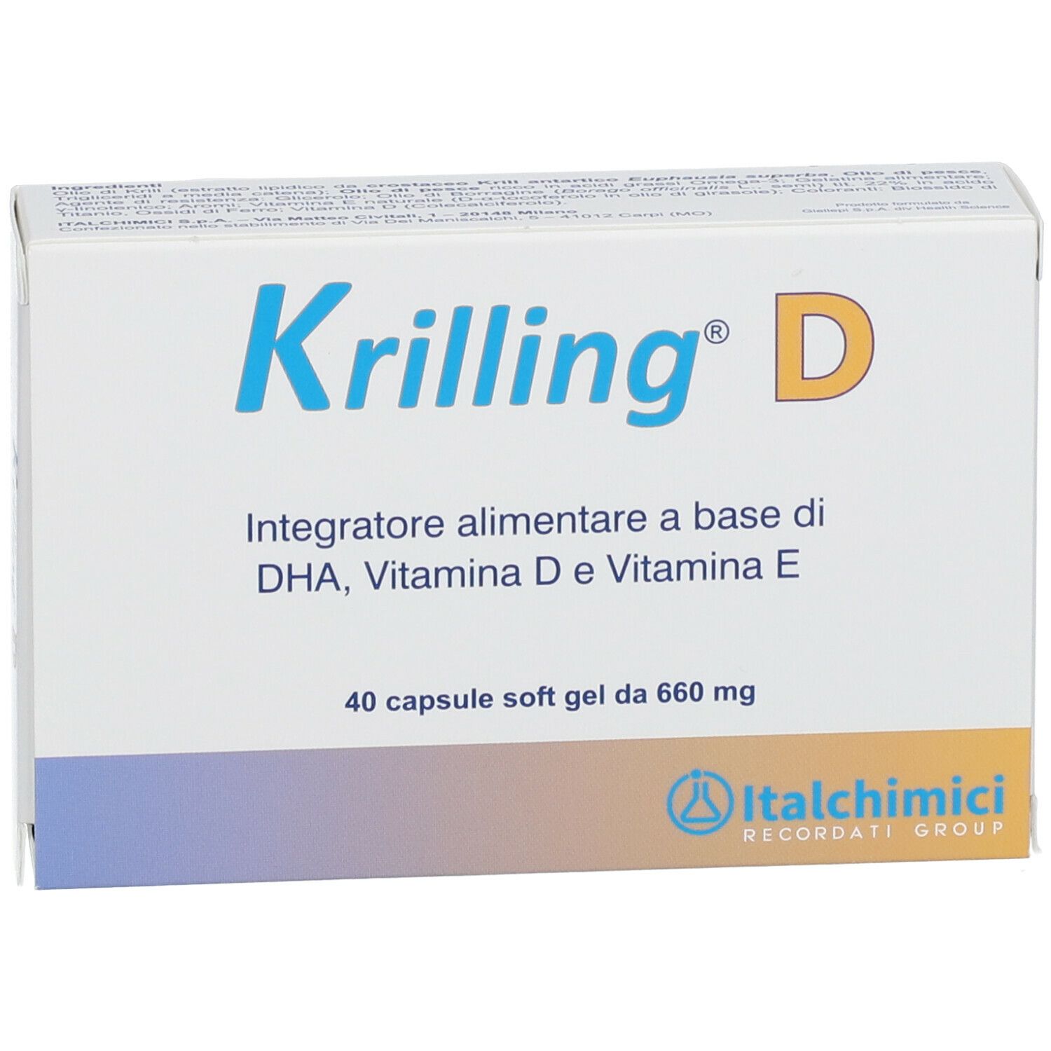 Scatola di KRILLING® D. Contiene DHA, Vitamina D e Vitamina E. 40 capsule. Marchio Italmichimi.