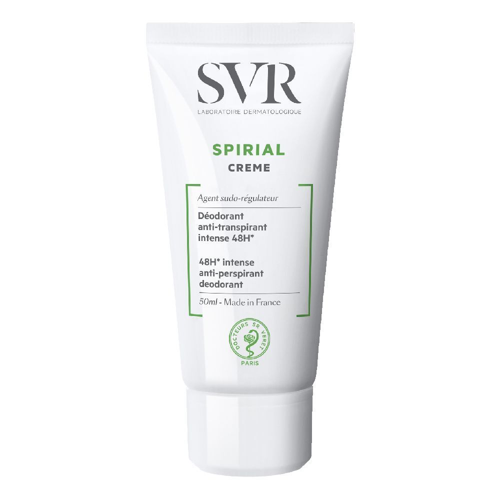 Weißer Tube mit grünem Text. SVR-Logo, Produktname: Spirial Creme. Text: Deodorant anti-transpirant intense 48H.