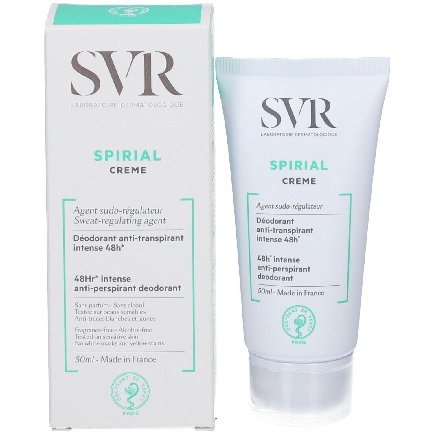 Produktverpackung und Tube. Verpackung: Weiß mit grünem Text. Tube: Weiß mit grünem Text. SVR-Logo, Spirial Creme.