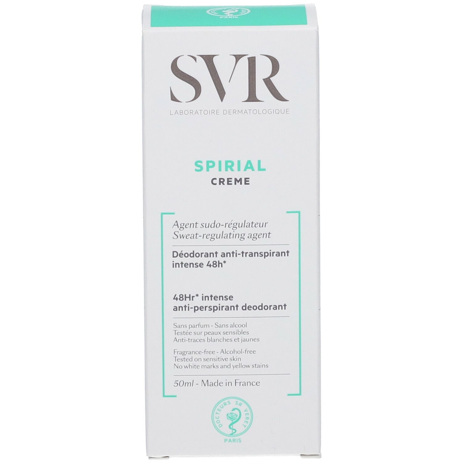 Produktverpackung. Weiß mit grünem Text. SVR-Logo, Produktname: Spirial Creme. Text: Deodorant anti-transpirant intense 48H.